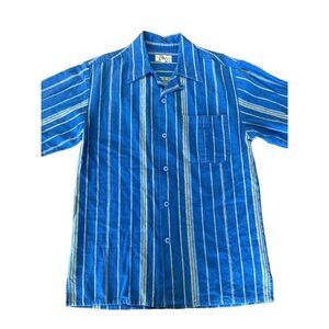 Smokey Joe’s Linen Blend Blue Yellow Stripes Button Down Medium 80s